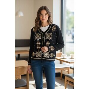 Marisa Christina Classics vintage pearl beaded angora & wool black cardigan L
